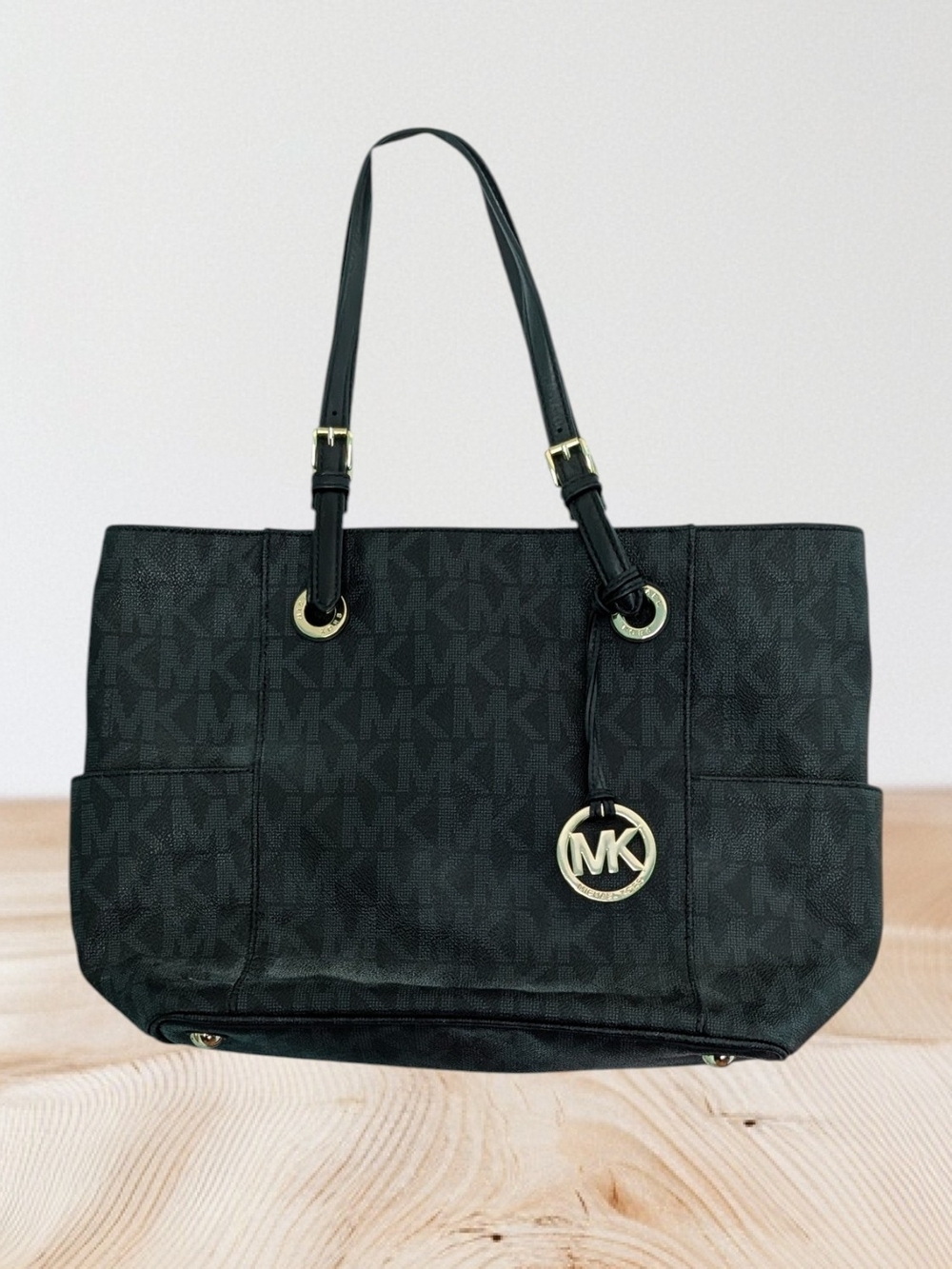Michael Kors Black Logo Tote with Gold MK Accent